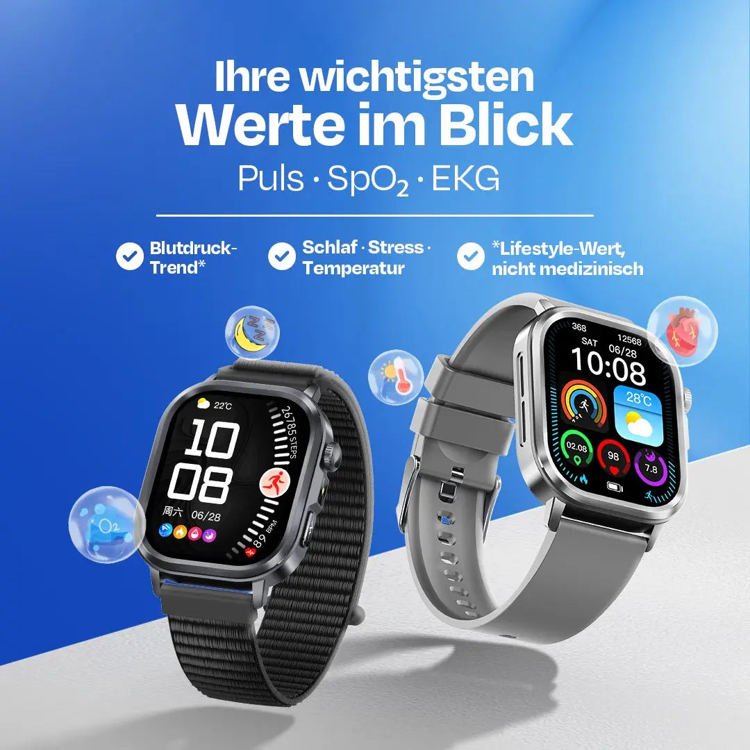 Smartwatch mit Gesundheitsmonitoring: Puls, SpO2, EKG, Schlaf & Stress – moderne Fitnessuhr für tägliche Werte