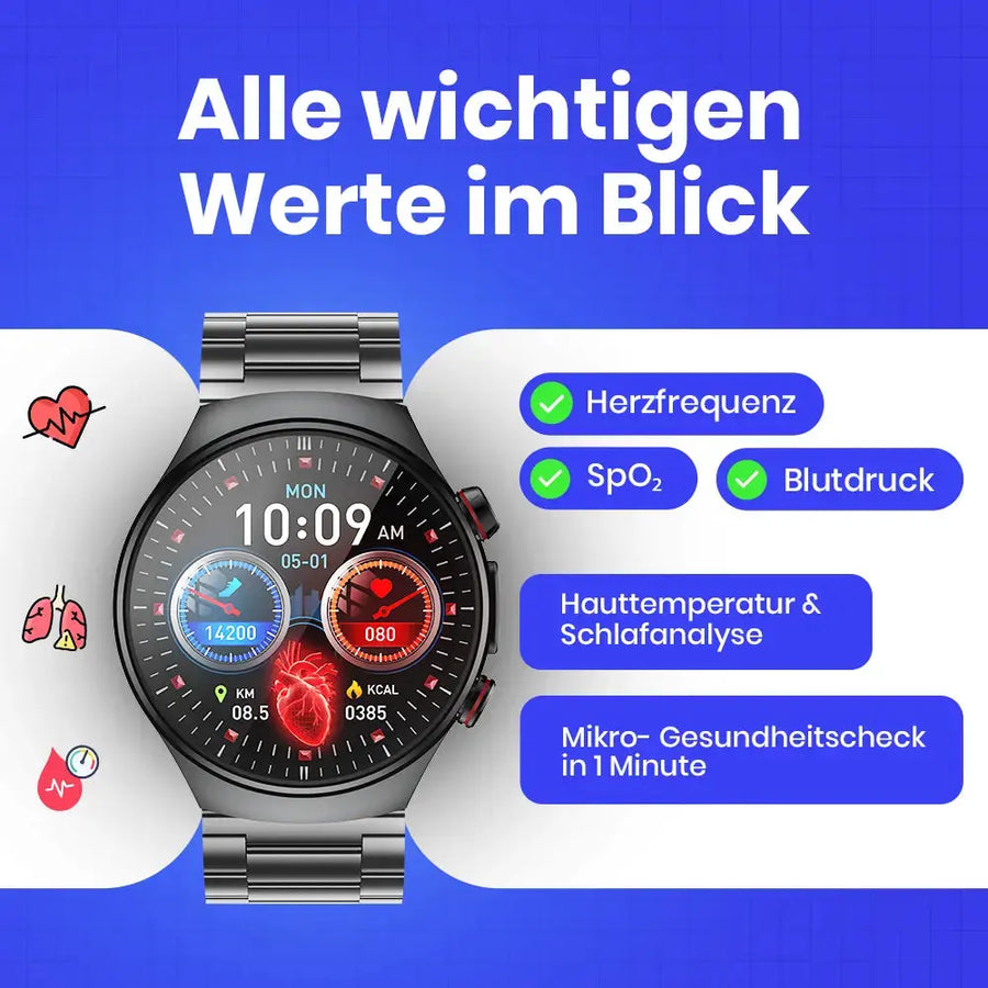 Montre Connectée KARDENA CARE PRO 4 - ECG, SOS, 9 Mesures Vitales, Suivi Sommeil, Acier Inox